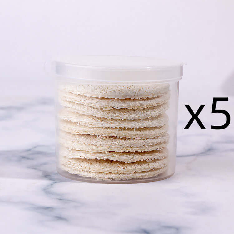 Pack of 5 reusable loofah facial wash puffs for gentle exfoliation and makeup removal, stored in a clear container.
