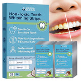 Non-toxic teeth whitening strips package with application instructions and close-up of a smile showing bright teeth.