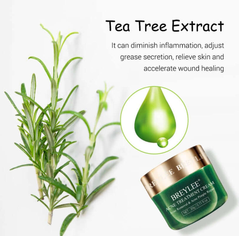 Tea tree extract for acne treatment, moisturizing cream to relieve inflammation and promote skin healing.