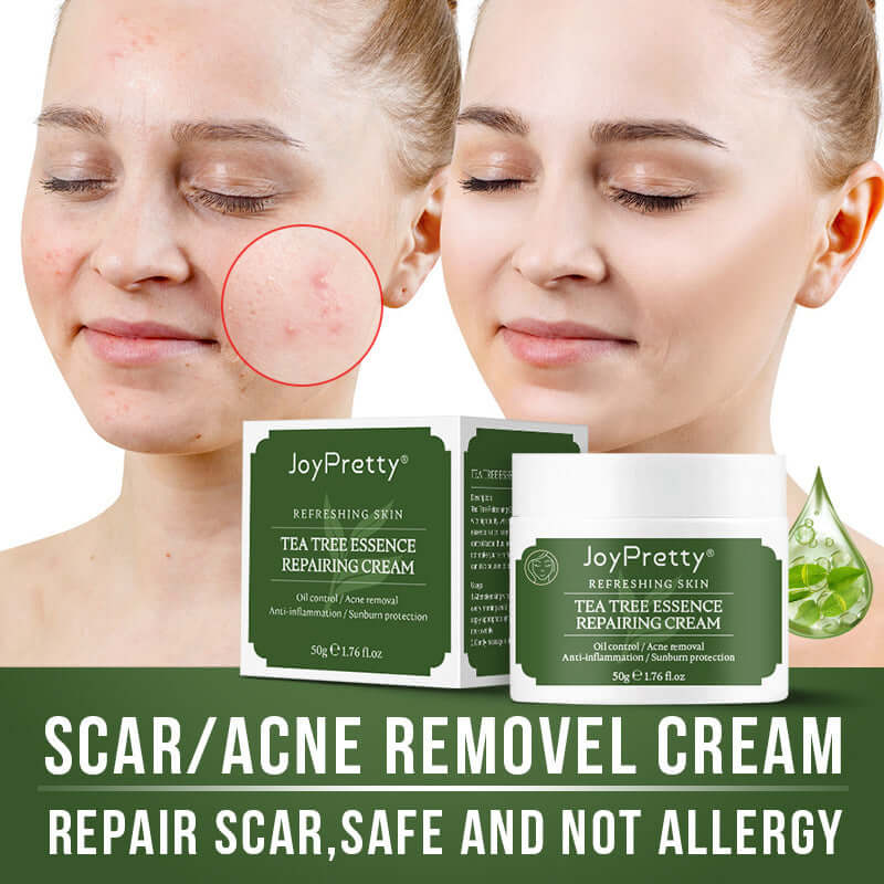 Tea tree essence repairing cream for acne/scar removal, moisturizing, and safe for all skin types.