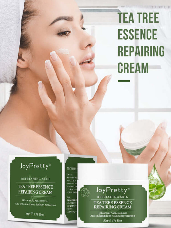 Model applying JoyPretty Tea Tree Essence Repairing Cream; helps refresh and repair skin with tea tree ingredients.