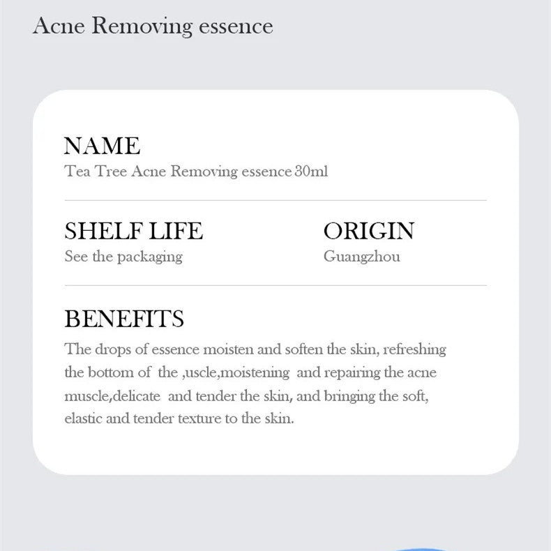 Label of Tea Tree Acne Removing essence highlighting benefits and details, 30ml product from Guangzhou.