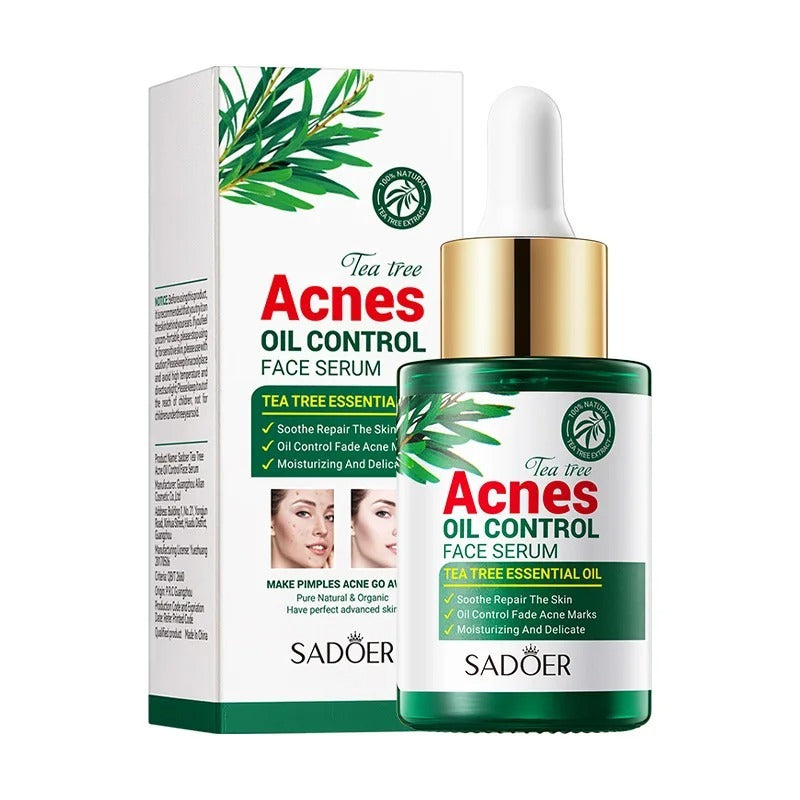 Tea Tree Hydrating Acne Control Oil serum for soothing skin, removing acne, and fading marks, 30ml packaging.