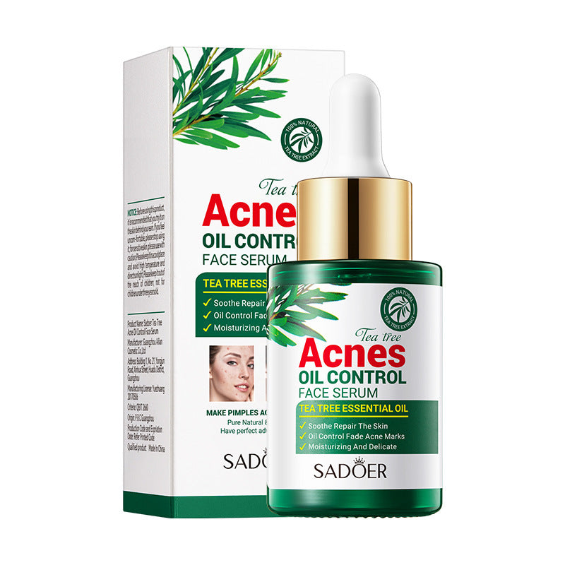 Tea Tree Hydrating Acne Control Oil in a glass bottle, promoting oil control for acne-prone skin. Contains 30ml.