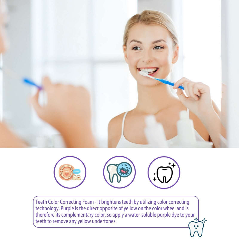 Young woman using teeth color correcting foam to brighten her smile with color correcting technology.