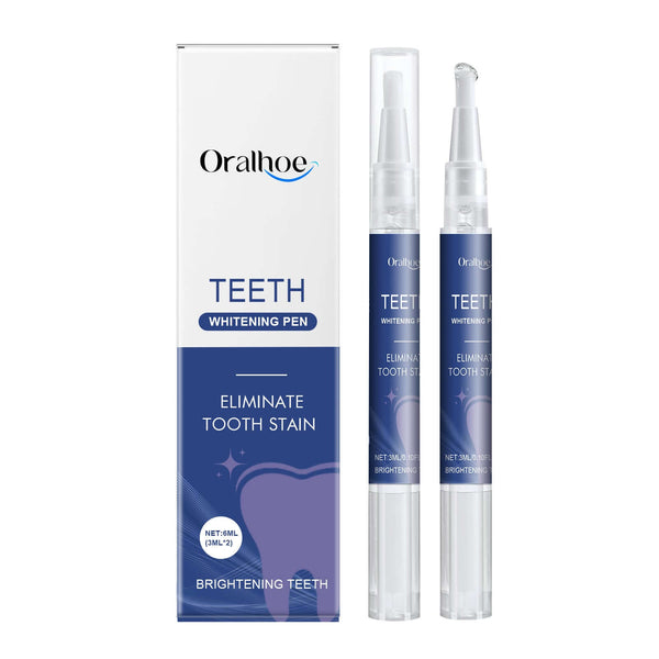 Teeth Whitening Pen by Oralhoe, designed to eliminate tooth stains, includes two 3ml pens in a sleek package.