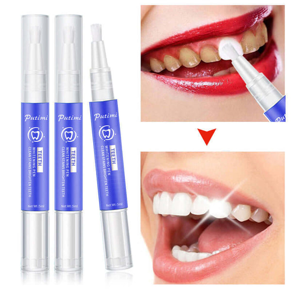 Teeth whitening pen for removing stains, brightening teeth, and dental care; includes applicator for easy use.