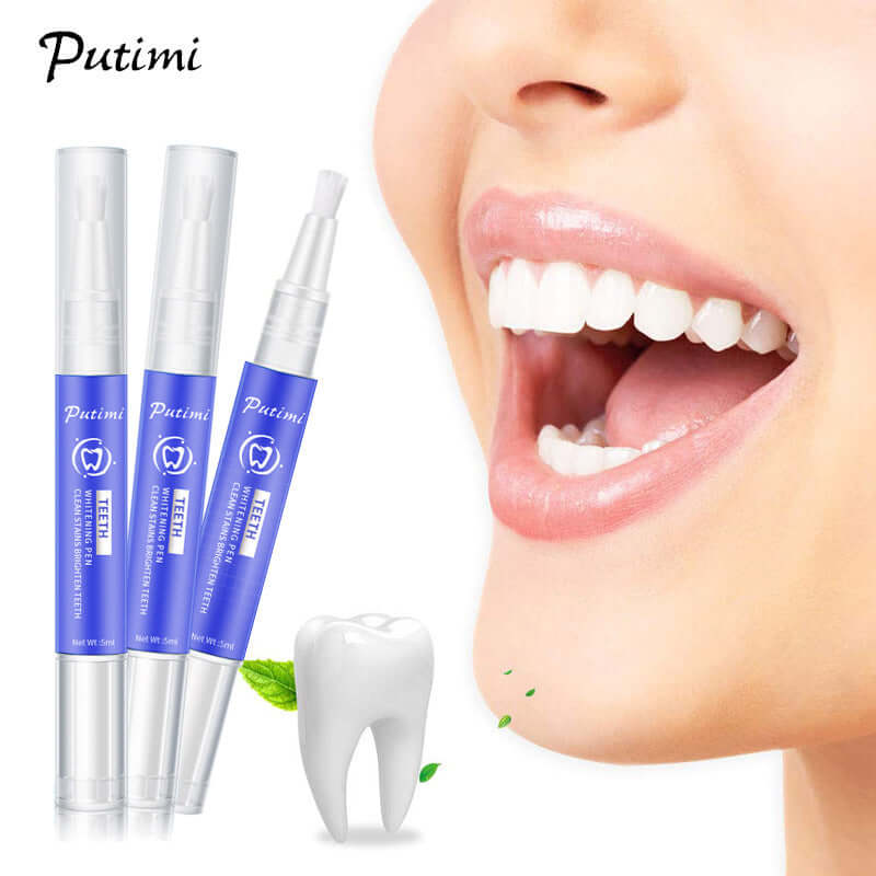 Teeth whitening pen set for whitening and removing stains from teeth, featuring a smiling woman with bright teeth.