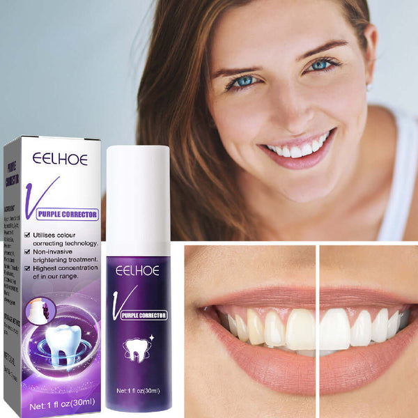 Teeth whitening product with packaging and model showcasing bright smile and vibrant teeth after treatment.