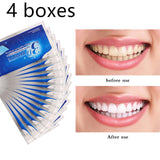 Teeth whitening strips before and after use showcasing a brighter smile with 4 boxes of the product for extreme tooth discoloration.