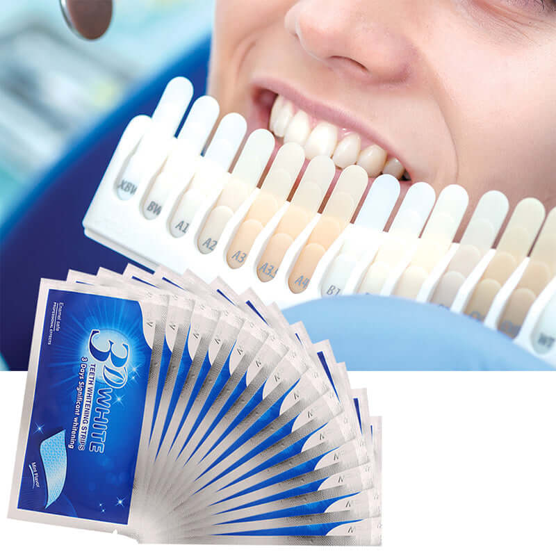 Teeth whitening strips for extreme tooth discoloration, showcased with tooth shade guide for brighter smiles.