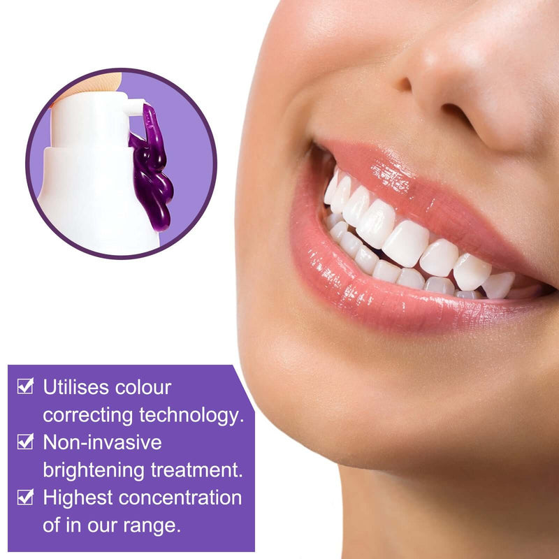 Close-up of a smiling woman with bright white teeth, showcasing toothpaste features for color correction and non-invasive whitening.