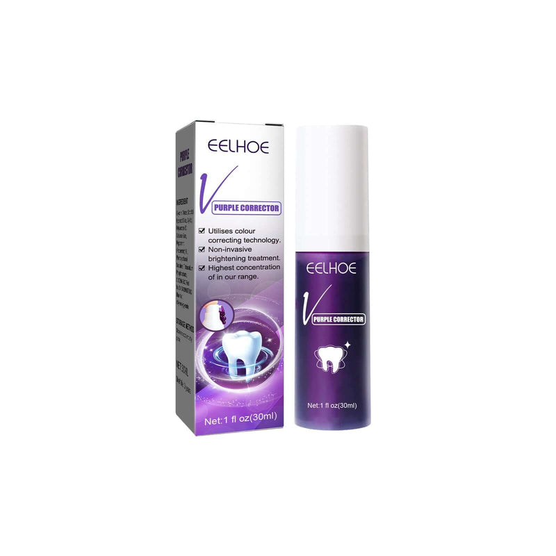 Teeth whitening purple corrector treatment in a 30ml bottle and box for brighter smiles.