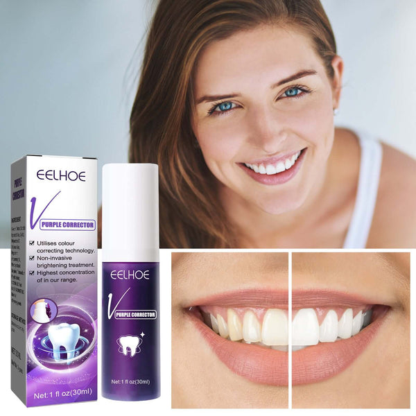 Teeth whitening product with color correcting technology for brightening treatment and a smiling woman showing before and after results.