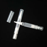 Transparent teeth whitening pen with cap and applicator tip on a black background.