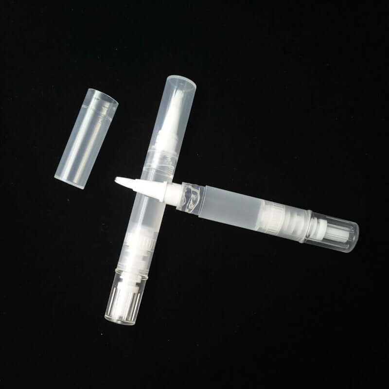 Transparent teeth whitening pen with cap and applicator tip on a black background.