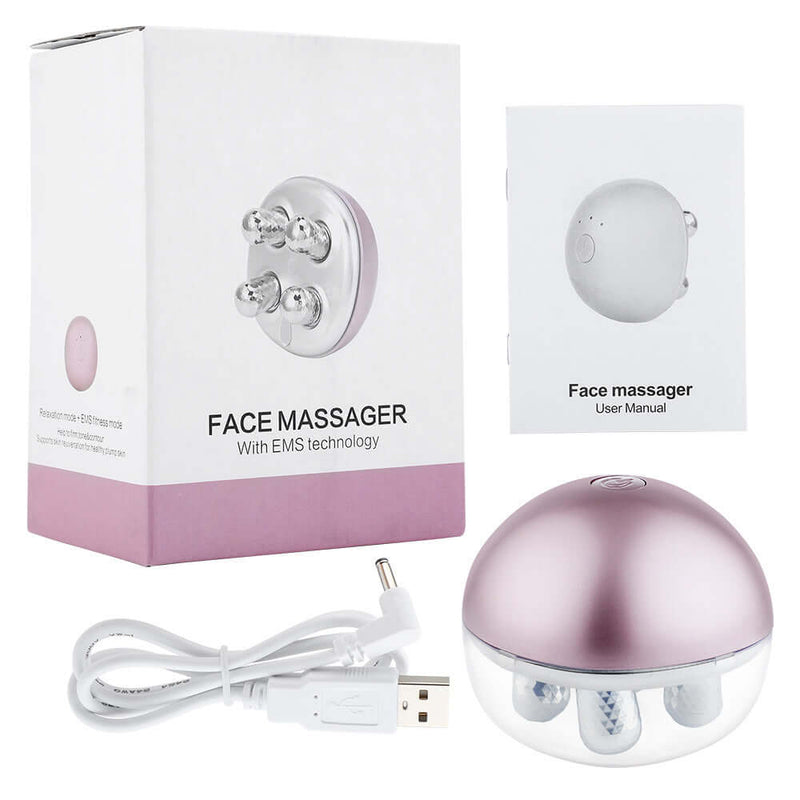 USB rechargeable facial roller massager with EMS technology, user manual, and charging cable, designed to lift and firm skin.