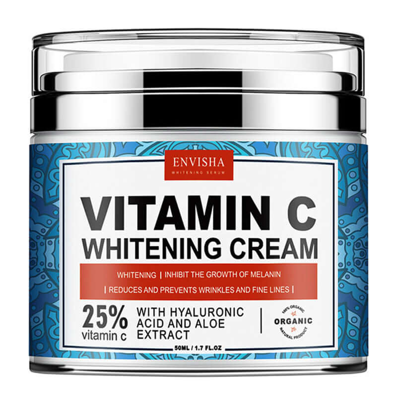Vitamin C Whitening Cream with 25% Vitamin C, Hyaluronic Acid, and Aloe for skin brightening and wrinkle reduction.