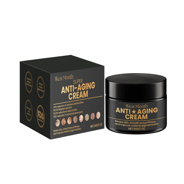 West Month Super Anti-Aging Cream in jar and box, infused with hyaluronic acid and jojoba oil for youthful skin.