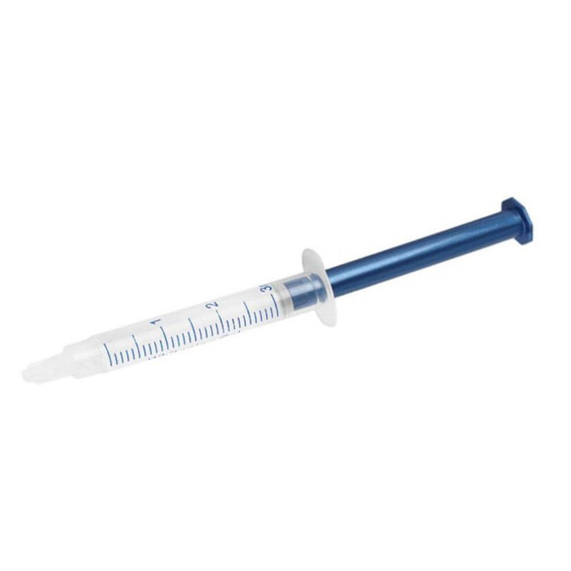 Teeth whitening gel syringe with a clear barrel and blue applicator, suitable for effective dental whitening.