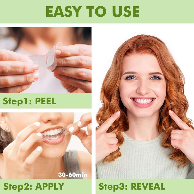 Step-by-step guide for using teeth whitening patches: peel, apply, and reveal a bright smile.