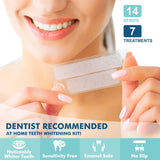 Whitening teeth patches for at-home use, dentist recommended, includes 14 strips for 7 treatments, no slip design.
