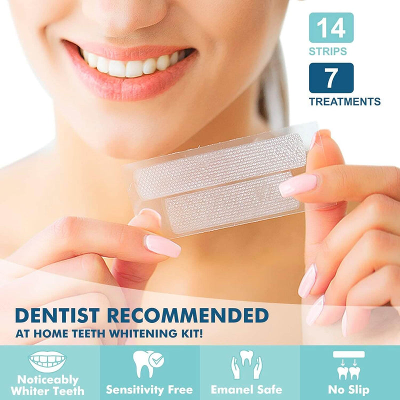 Whitening teeth patches for at-home use, dentist recommended, includes 14 strips for 7 treatments, no slip design.