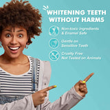 Smiling woman showcasing benefits of whitening teeth patches: non-toxic, gentle, and cruelty-free.