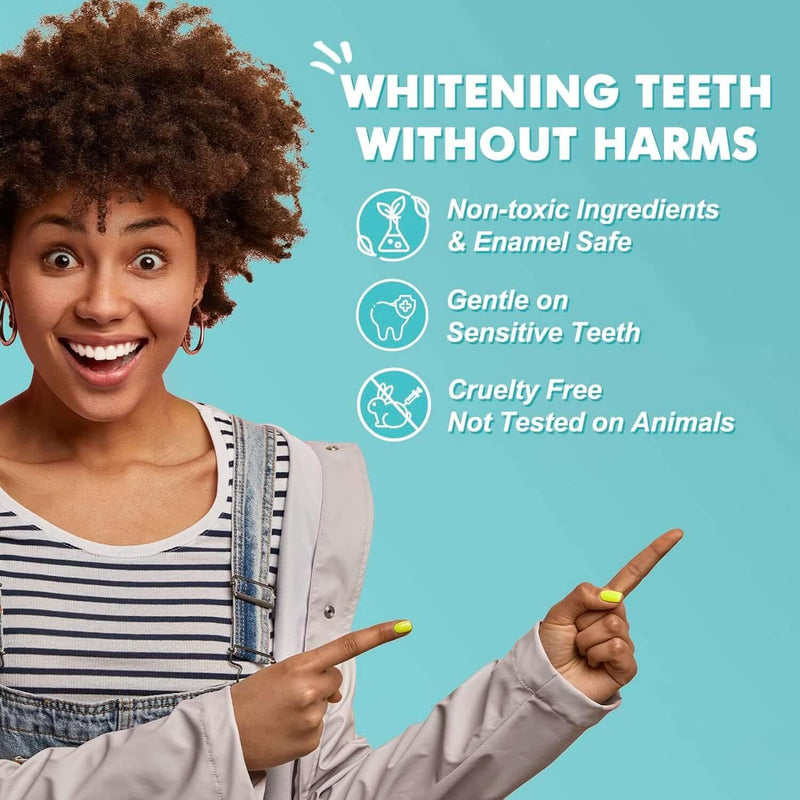 Smiling woman showcasing benefits of whitening teeth patches: non-toxic, gentle, and cruelty-free.